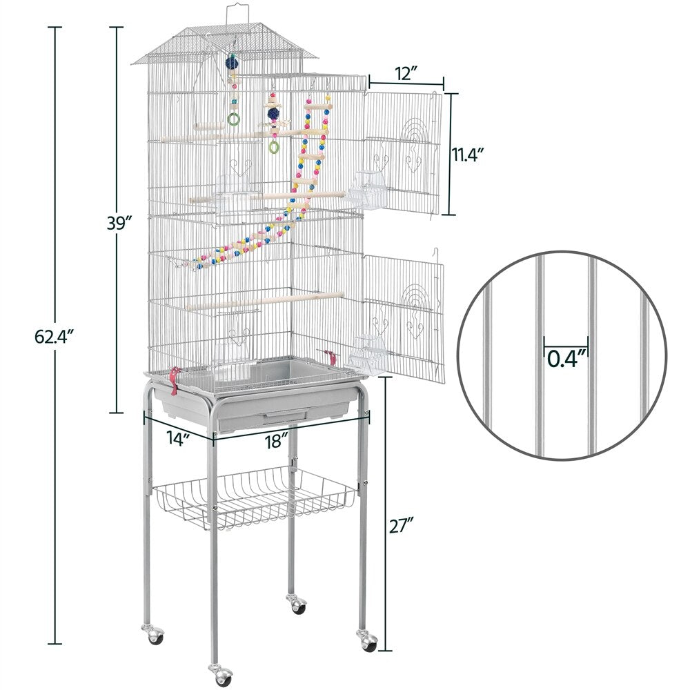 Easyfashion 62.4&quot; Metal Bird Parrot Cage with Detachable Stand, Light Gray - thepetsupplyhaven