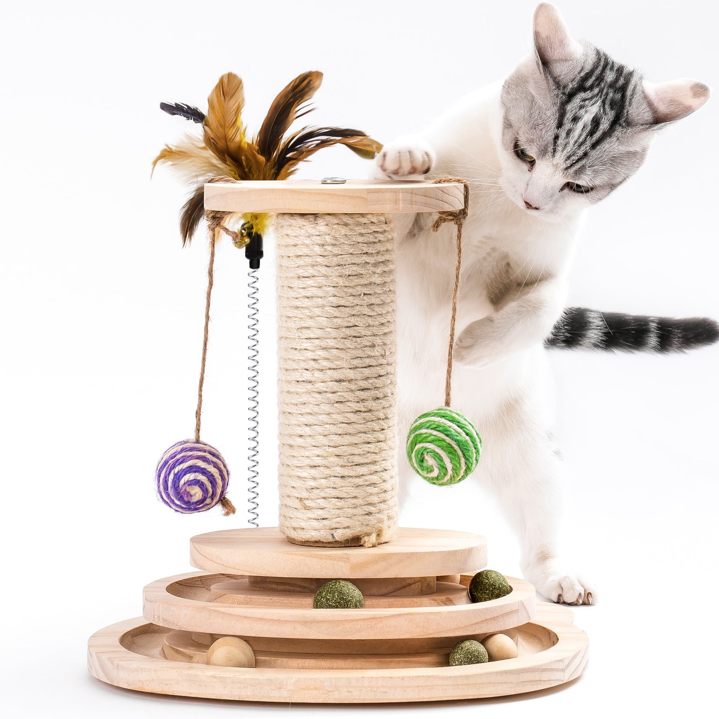 Mewoofun Cat Scratcher Pole Two-Layer Tier Track Ball and Two Sisal Balls Fun Interactive Cat Toy with Feather Bell WP037 - thepetsupplyhaven