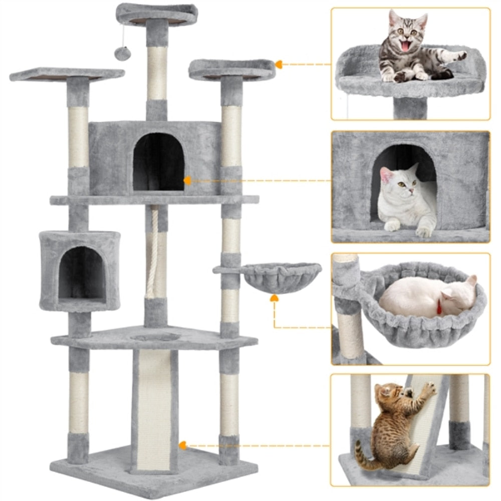 79&quot; Multilevel Large Cat Tree Condo Tower, Light Gray  Scratching Post  Scratcher for Cats  Cat Toy - thepetsupplyhaven