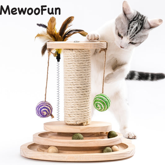 Mewoofun Cat Scratcher Pole Two-Layer Tier Track Ball and Two Sisal Balls Fun Interactive Cat Toy with Feather Bell WP037 - thepetsupplyhaven